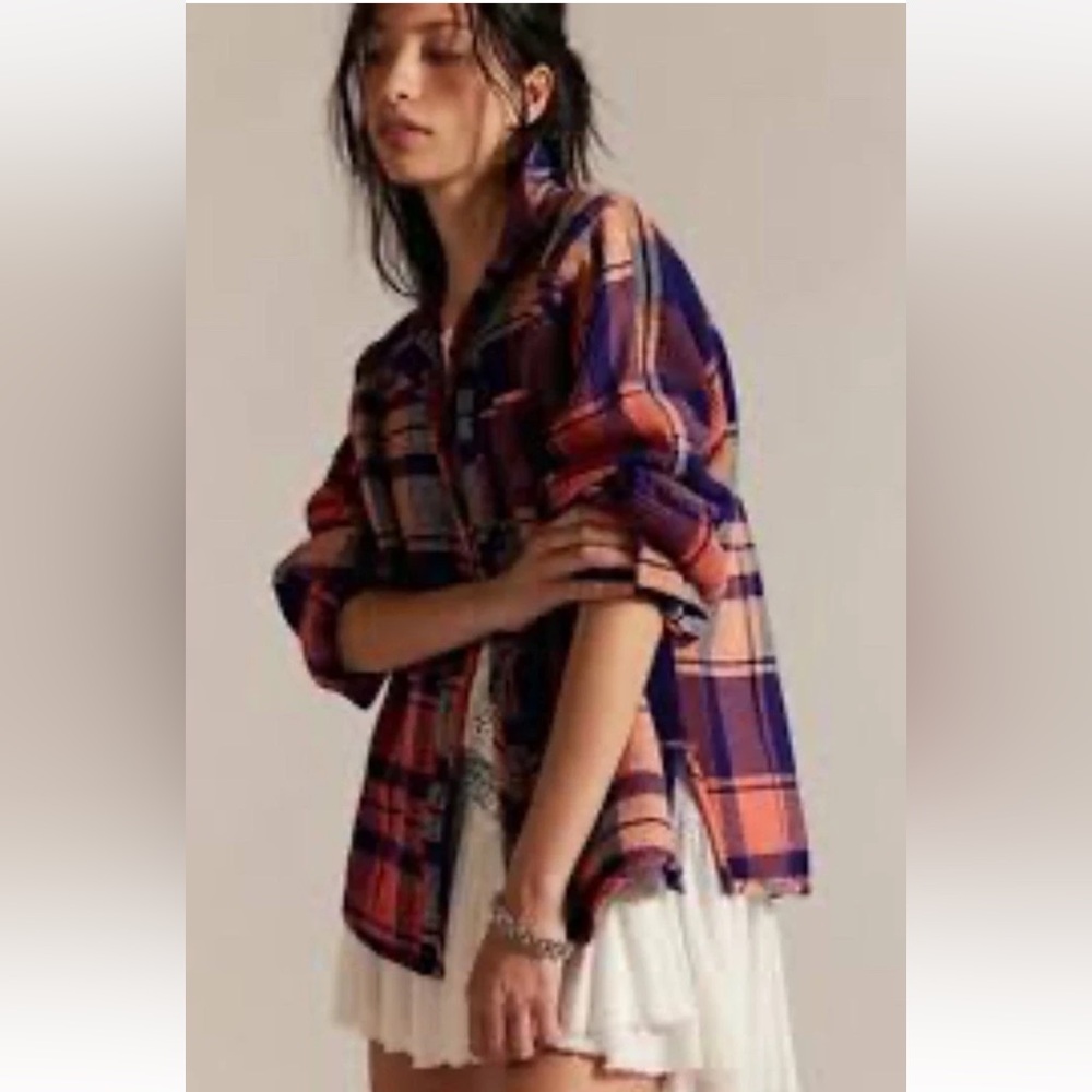 Free People Cozy In Plaid Shirt We The Free Button Oversize Navy Rose Combo